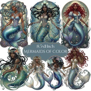May include: A collection of seven mermaid illustrations featuring diverse figures with shimmering blue and green tails, intricate corsets, and ornate headpieces. The central text reads 8.5x11 Inch MERMAIDS OF COLOR, presented in a decorative frame.
