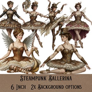 May include: A collection of six illustrations featuring dancers in brown and metallic corsets with gear motifs, layered tulle skirts, and accessories like top hats, wings, and fans. Text reads: STEAMPUNK BALLERINA 6 INCH 2X BACKGROUND OPTIONS.