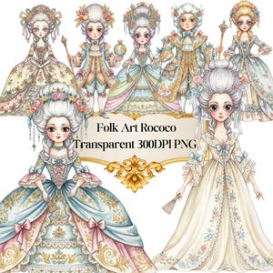 Pode incluir: Ilustrações em aquarela de figuras em estilo Rococó em vestidos e fatos pastel. As figuras têm penteados elaborados e seguram acessórios como leques e cetros. O texto "Folk Art Rococo Transparent 300DPI PNG" é exibido.