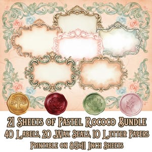 May include: A pastel Rococo bundle with ornate frames and wax seals. The image features 40 labels, 20 wax seals, and 10 letter papers, all printable on 8.5x11 inch sheets. The design includes floral accents and a soft color palette.