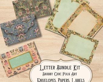 Shabby Chic Paper Envelopes Labels Bundle - Folk Art Scrapbooking - Junk Journal Supply - PNG