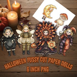 Pode incluir: Uma coleção de bonecas de papel recortáveis de Halloween com personagens fantasiados de aranha, abelha, girassol, bobo da corte, lua e cogumelo. O texto diz HALLOWEEN FUSSY CUT PAPER DOLLS 6 INCH PNG sobre um fundo de madeira.