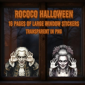 Può includere: Una collezione digitale di 16 pagine di grandi adesivi per finestre intitolata ROCOCO HALLOWEEN, TRANSPARENT IN PNG. Le grafiche mostrano due figure con pelle pallida e trucco scuro, entrambe in posa con le mani sollevate.
