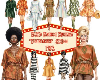 1960s Fashion Runway 30 images in watercolor transparent 300DPI PNG