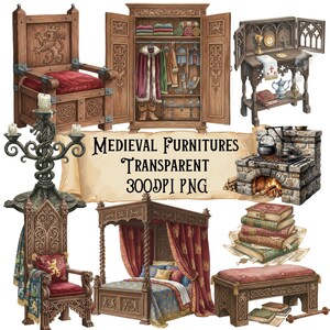 Puede incluir: Una colección de ilustraciones digitales de muebles medievales que incluye un trono de madera, un armario con ropa, una chimenea de piedra, una cama con dosel, un banco, un candelabro y libros, con el texto Medieval Furnitures Transparent 300DPI PNG.