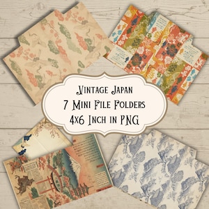 May include: Seven digital mini file folders measuring 4x6 inches in PNG format, featuring vintage Japanese-inspired patterns including cranes, floral motifs, Mount Fuji, and traditional architecture in various color palettes like blue, orange, and cream.