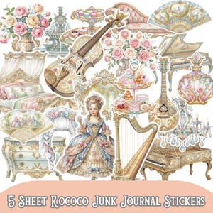 May include: A collection of Rococo-themed stickers featuring a variety of illustrations. The stickers include a violin, a harp, a harpsichord, a bed, a woman in a gown, and floral arrangements. The text "5 SHEET ROCOCO JUNK JOURNAL STICKERS" is at the bottom.