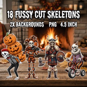 May include: A digital collection of 18 fussy cut skeletons and 2 backgrounds in PNG format, featuring skeletons as a pumpkin carrier, a jester with a violin, a Viking warrior with an axe and shield, and a clown on a tricycle, each 4.5 inches.