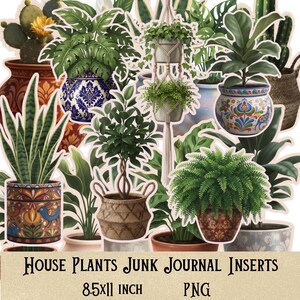 Puede incluir: Una colección de varias plantas de interior en macetas, incluyendo cactus, helechos y plantas de hojas en macetas de cerámica y cestas tejidas. La imagen presenta el texto House Plants Junk Journal Inserts 8.5x11 inch PNG en la parte inferior.