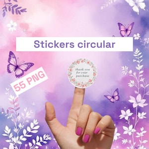 Może przedstawiać: Okrągłe naklejki z napisem "dziękuję za zakup" na tle akwareli z motylami. Obraz zawiera również tekst "Stickers circular" i "55 PNG".