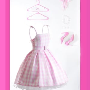 Barbie Pink and White Gingham Plaid Dress, Margot Robbie Movie 6 Piece Outfit for  Adult Halloween Costume