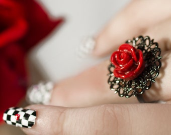 Valentine Jewelry, Valentine's Day Gift, Red Rose Ring, Valentines Day,  Valentine Gift, Rose Ring, Rose jewelry, Flower Ring, Red Black