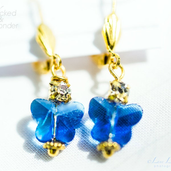 CINDERELLA 2015 Earrings - Blue Swarovski Crystal Butterfly Earrings  rhinestones for New Cinderella Costume and Cosplay, Cinderella Jewelry