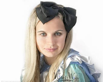 ALICE IN WONDERLAND black Bow Headband Hair Accessory, Alice in Wonderland Costume Hair Accessories in Black ribbon on headband