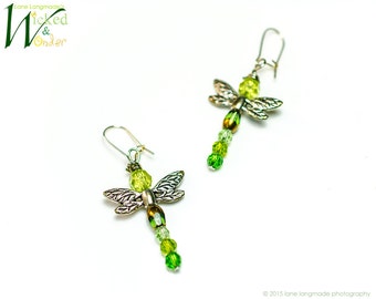 NEW! Dragonfly earrings copper and green drop dangle, green dragonfly earring, spring jewelry, insect earrings, silver dragonfly