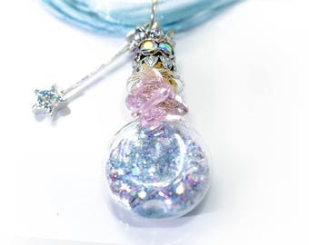 Cinderella Fairy Godmother Necklace, Fairy godmother Jewelry with Magic Wand, Magic Glass bottle pixie dust pendant, Cinderella accessories