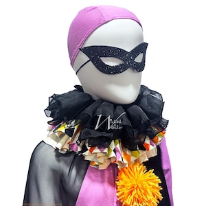New! Halloween Harlequin Clown Kids Costume | Vintage styled Diamond Pattern, Purple Black Orange, Mask, Cap, and Ruff