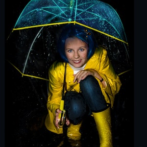 Coraline Costume - Coraline RAINCOAT for WOMENS ADULT Halloween costume or Cosplay in yellow & blue with yellow star lining