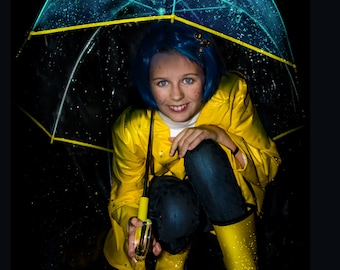 Coraline Costume - Coraline RAINCOAT for WOMENS ADULT Halloween costume or Cosplay in yellow & blue with yellow star lining