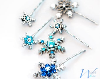Snowflake Hairpins - for Frozen Elsa Costume with Swarovski crystals, Silver & Blue snowflake bobby pin hair accessories for Disney Princess