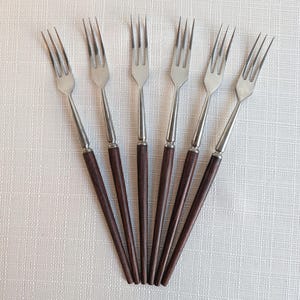 Rosewood Long Handle Serving Forks | 1960s Atwood Japan | MCM Stainless Set of 6