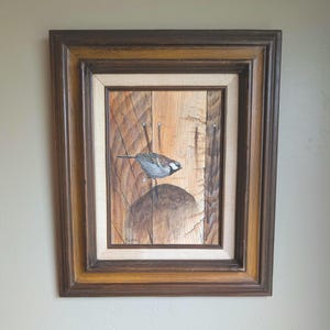 Original Art 1973 Sparrow on Rustic Fence | Trompe l'oeil Painting by Gary Kolter