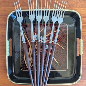 MCM Rosewood Long Forks | Stainless Steel Serving Set of 6