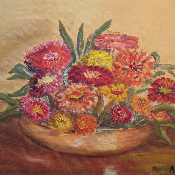 Vintage Painting Zinnias Colorful Handpainted