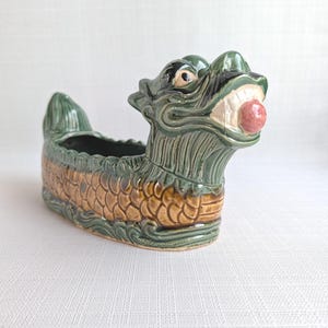 Large Hand Painted Ceramic Dragon Planter | Mid Century Mythical Sculpture with Fire Pearl