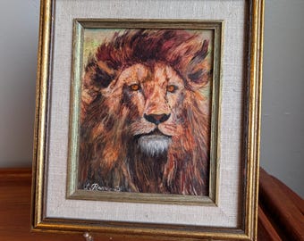 1980s Framed Acrylic Lion Painting | Wildlife Art | Linen Mat & Gold Frame