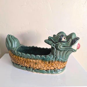 Large Mid‑Century Ceramic Dragon Planter | Hand‑Painted Mythical Sculpture with Fire Pearl