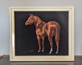 Vintage Black Velvet Thoroughbred Horse Painting Original Signed Bill Erwin Honolulu 1950s-1960s