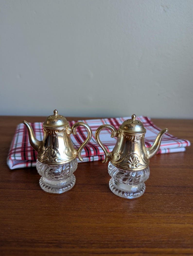 Vintage Victorian Salt and Pepper Shakers 3 inch Teapots Golden Top Glass Bottom set of 2