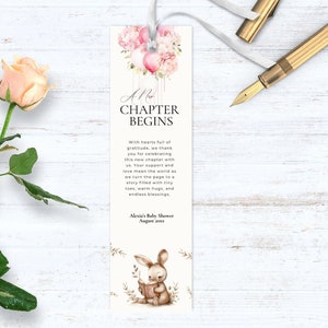 Marque-page livre d'histoires pour baby shower, modèle de marque-page un nouveau chapitre commence, livres thème cadeaux, décoration de douche rose bébé fille imprimable SB01
