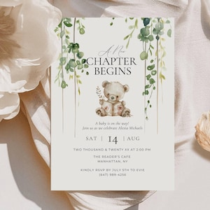 Ein neues Kapitel beginnt bald Babypartyeinladung, Bücher unter dem Thema Babyparty einladen, Storybook Gender Neutral Card Bearbeitbare Vorlage SB01