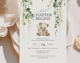 A New Chapter Will Soon Begin Baby Shower Invitation, Books Themed Baby Shower Invite, Storybook Gender Neutral Card Editable Template SB01