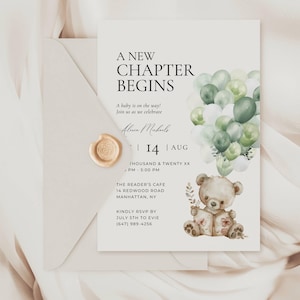 Binnenkort begint er een nieuw hoofdstuk Uitnodiging babyshower, verhalenboek thema babyshower uitnodigingssjabloon, aankondiging babyshower afdrukbare SB01
