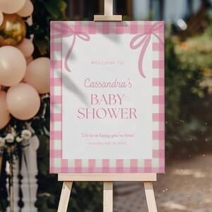 Pink Gingham Baby Shower Welcome Sign, Pink Plaid Girl Baby Shower Sign, Pink Bow Welcome Poster Template, Coquette Decor Digital SB07