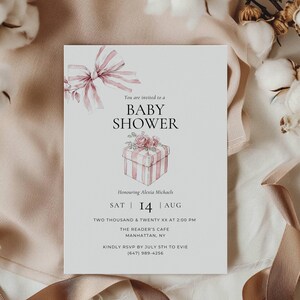 GrandMillenial Baby Girl Shower Invitation, Vintage Pink Bow Baby Shower Invite Editable Template, Watercolour Bow Theme Invite Download