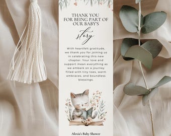 Storybook Baby Shower Bookmark Favors, A New Chapter Begins Cat Bookmark Template, Book Theme Guest Favors, Baby Girl Shower Decor Print 2x7