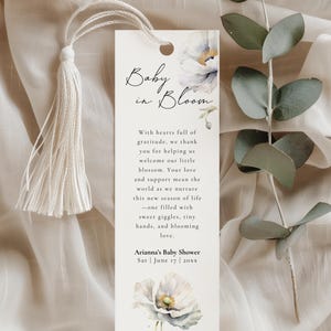 Baby in bloei baby shower bladwijzer gunst, bloemen thema babyshower Tags, lente witte wilde bloemen genderneutraal bewerkbare kaartsjabloon SB02
