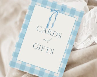 Blue Gingham Baby Shower Table Sign, Cards and Gifts Printable Sign, Blue Ribbon Gingham Baby Boy Shower, Vintage Cottage Country Decor Sign