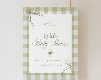 Green Plaid Welcome Sign Baby Shower, Sage Gingham Welcome Sign, Bow Shower Decor Signage, Large Editable Template, 18x24", 24x36"