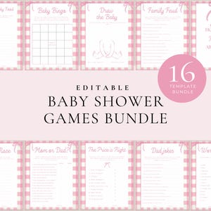 May include: A bundle of editable baby shower games. The games include Baby Bingo, Draw the Baby, Family Feud, and more. The games have a pink gingham border and are on a light pink background. The bundle includes 16 templates.