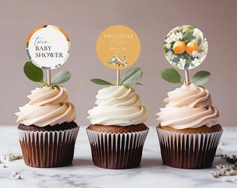 Two Little Cuties Baby Shower Cupcake Toppers, Twins Baby Shower, Orange Tangerine Citrus Theme, Custom Food Label Cupcake Topper Decor SB06