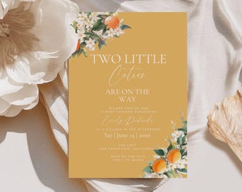 Two Little Cuties Baby Shower Invite, Orange Baby Shower Invitation Template, Citrus Twin Shower Invite Digital, Two Cuties On the Way SB06