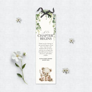 Un nouveau chapitre va bientôt commencer signet faveur de baby shower, étiquette de baby shower sur le thème livres, modèle modifiable de carte neutre en matière de genre livre de contes SB01