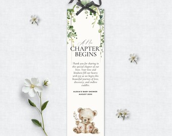 Un nuovo capitolo inizierà presto Segnalibro per baby shower, etichetta per baby shower a tema libri, modello modificabile per biglietto di fiabe di genere neutro SB01