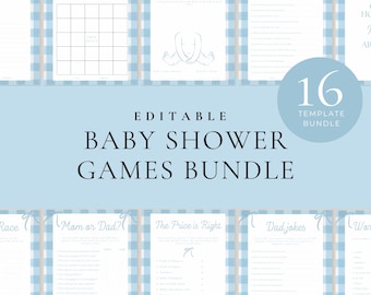 Paquete de juegos para baby shower de cuadros azules, divertidos juegos para baby shower, juego de cuadros azules estilo granja, juegos para baby shower de niño, bingo para bebé, SB07