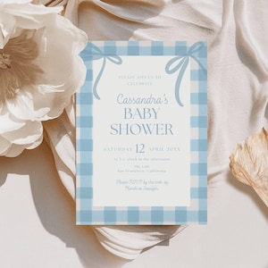 Digital Baby Shower Invite Blau Gingham, Junge-Babyparty-Einladung Vorlage, Blau kariert Einladen Vorlage, druckbare Bögen Dusche Karte SB07